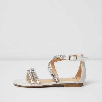 Girls white diamante strappy sandals